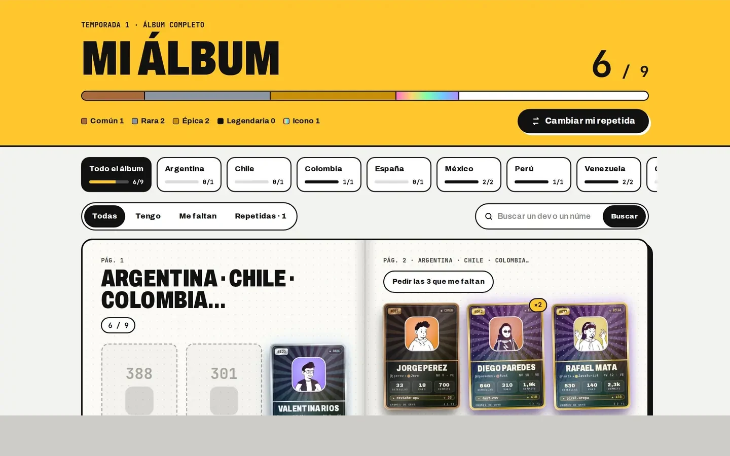 Álbum de Cromos de Devs ordenado por países