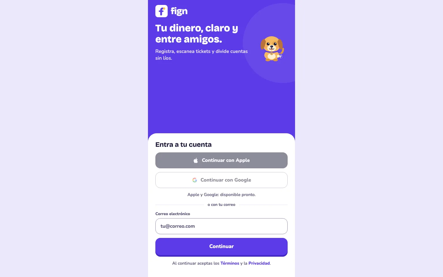 Pantalla de bienvenida de Fign: «Tu dinero, claro y entre amigos»