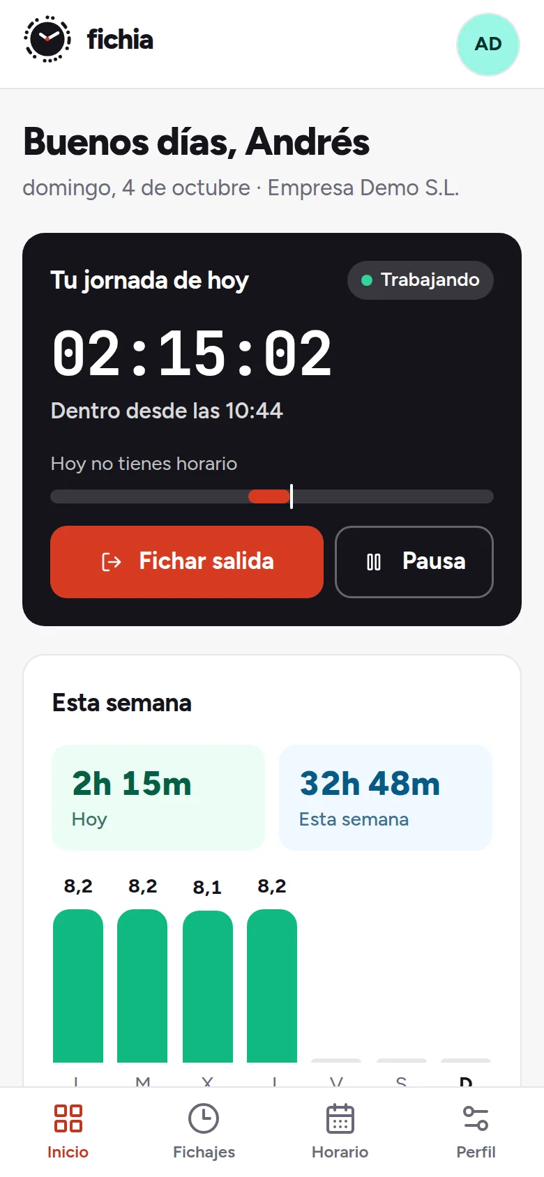 Pantalla de fichar de Fichia en el móvil